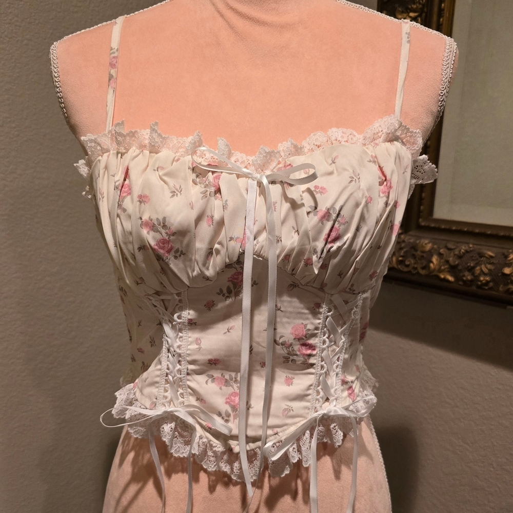 Floral Lace Trim Corset Tank Top W/Bows